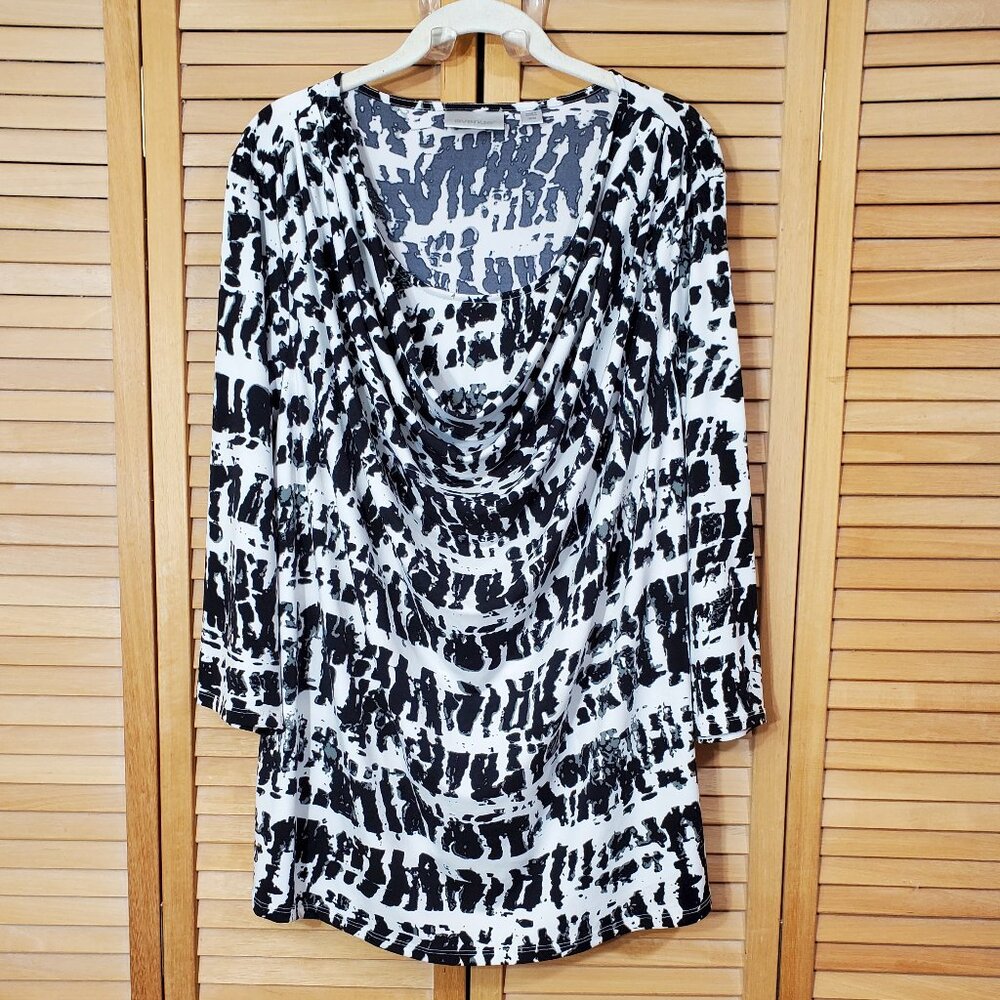 Avenue Women's Plus Size Black & White Print Drape Neck Tunic Top 1X